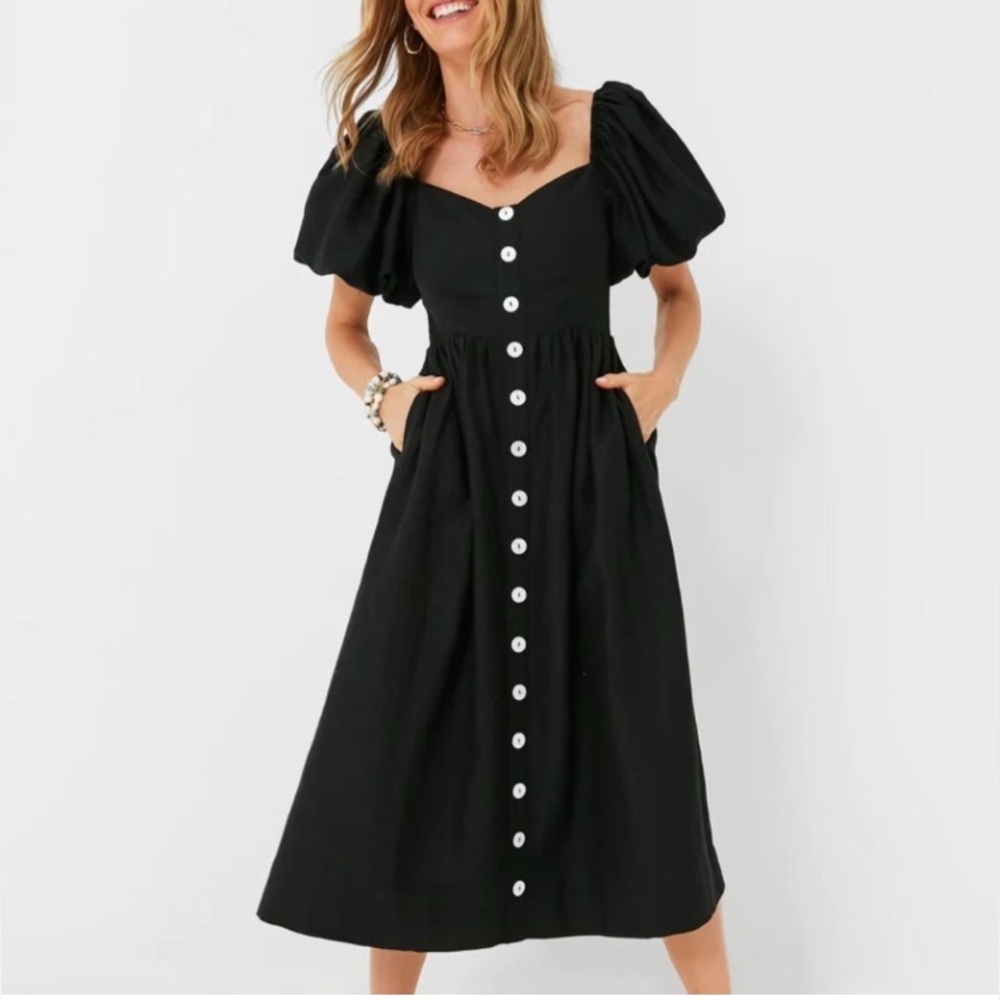 NWT Pomander Place Tuckernuck Alexis Puff Sleeve  Linen Blend Midi Dress, Sz XS